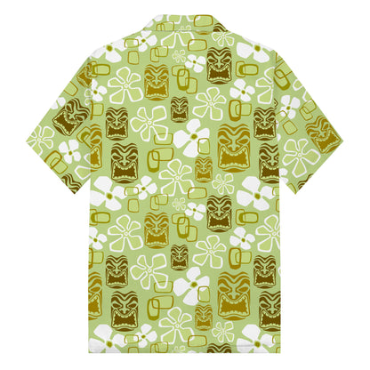 Vintage Holiday Tiki Art Green Men's Hawaiian Camp Collar Short Sleeve Shirt