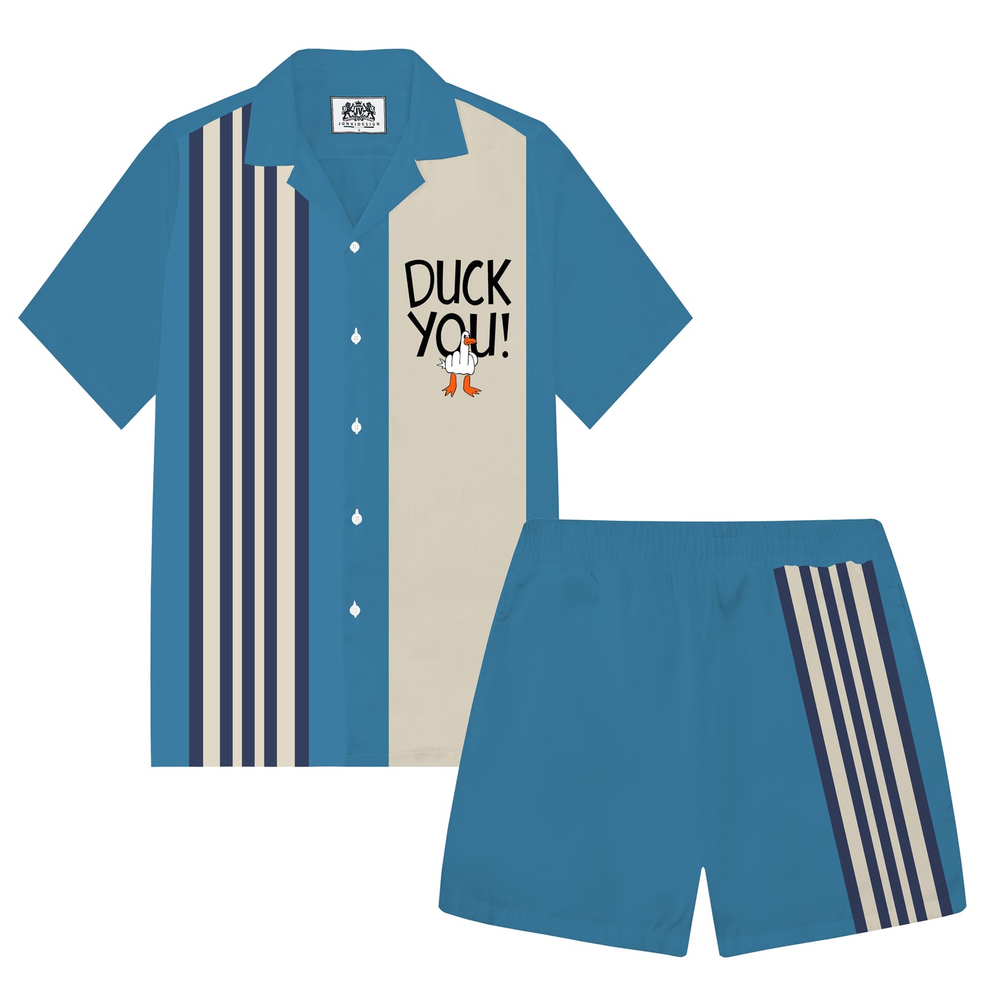 Blue Funny Duck DUCK YOU Camp Collar Short Sleeve Shirt