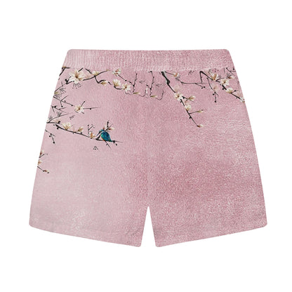 Flower Branch Pattern Elastic Waistband Summer Casual Shorts