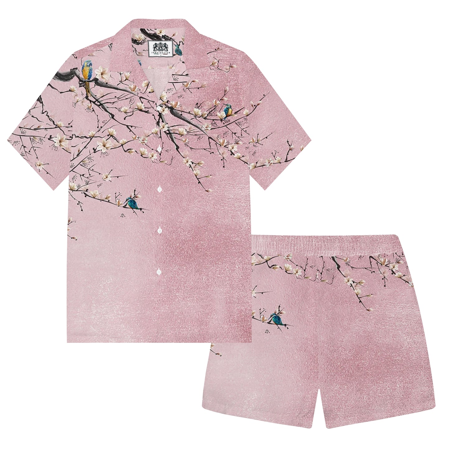 Flower Branch Pattern Camp Collar Short Sleeve Shirt