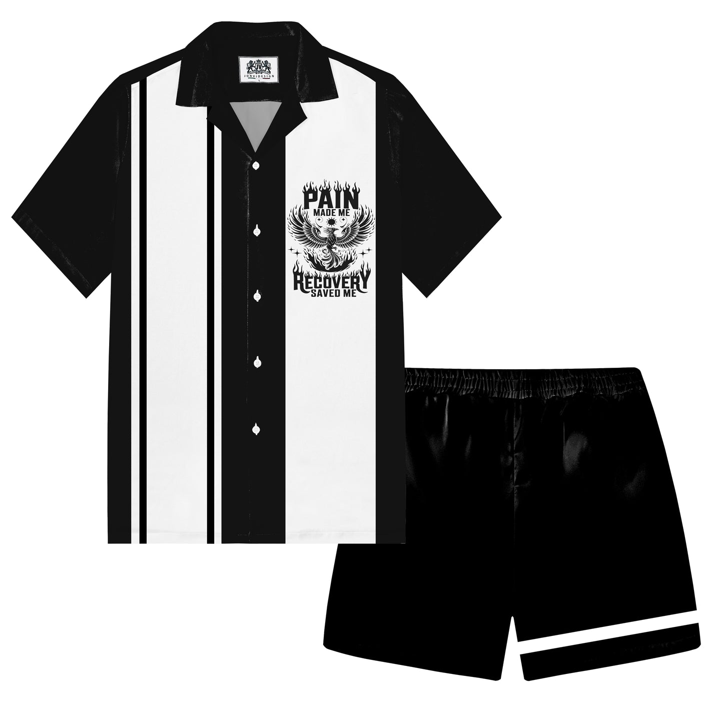 Black Personalized Letter Print Camp Collar Short Sleeve Shirt