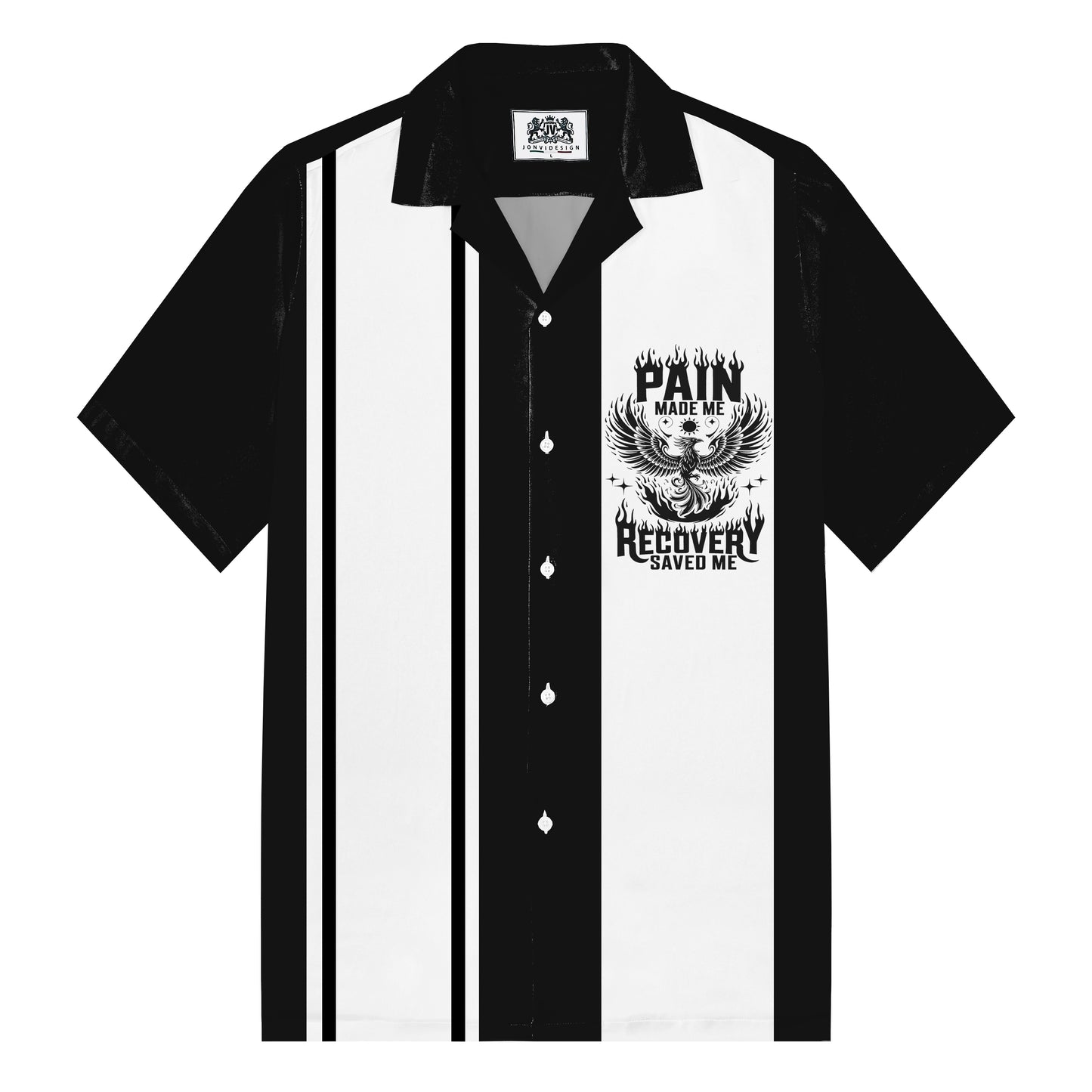 Black Personalized Letter Print Camp Collar Short Sleeve Shirt