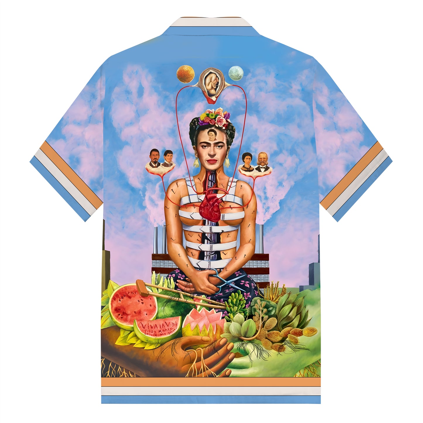 Mexican Painter Frida Personality Character Pattern Camp Collar Casual Shirt in Blue