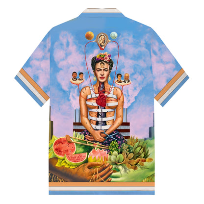 Mexican Painter Frida Personality Character Pattern Camp Collar Casual Shirt in Blue
