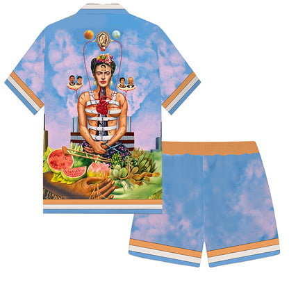 Mexican Painter Frida Personality Character Pattern Elastic Waistband Casual Shorts