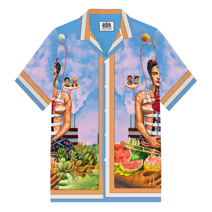 Mexican Painter Frida Personality Character Pattern Camp Collar Casual Shirt in Blue