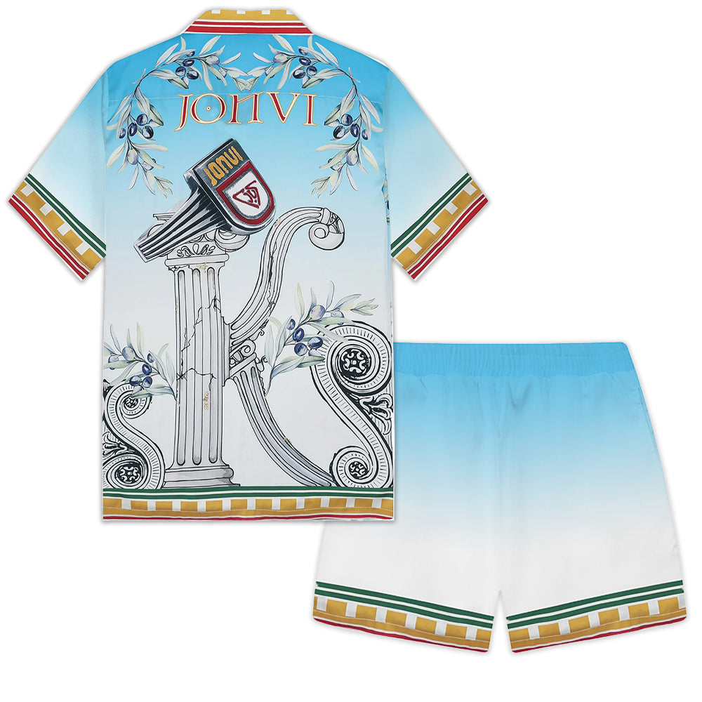Roman Column Pattern Camp Collar Short Sleeve Shirt