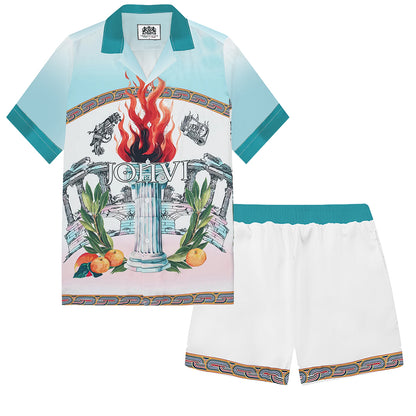 Greek Holy Fire Roman Column Print Camp Collar Short Sleeve Shirt