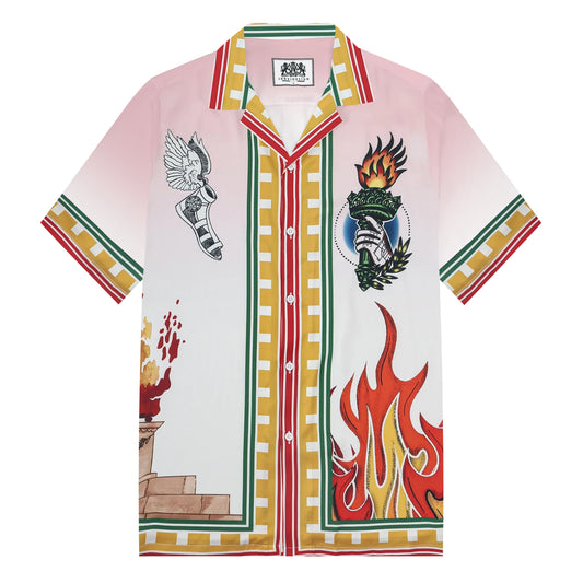 Greek Sacred Fire Camp Collar Short Sleeve Shirt