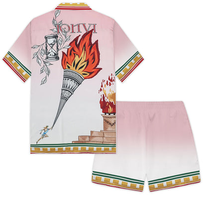 Greek Sacred Fire Camp Collar Short Sleeve Shirt