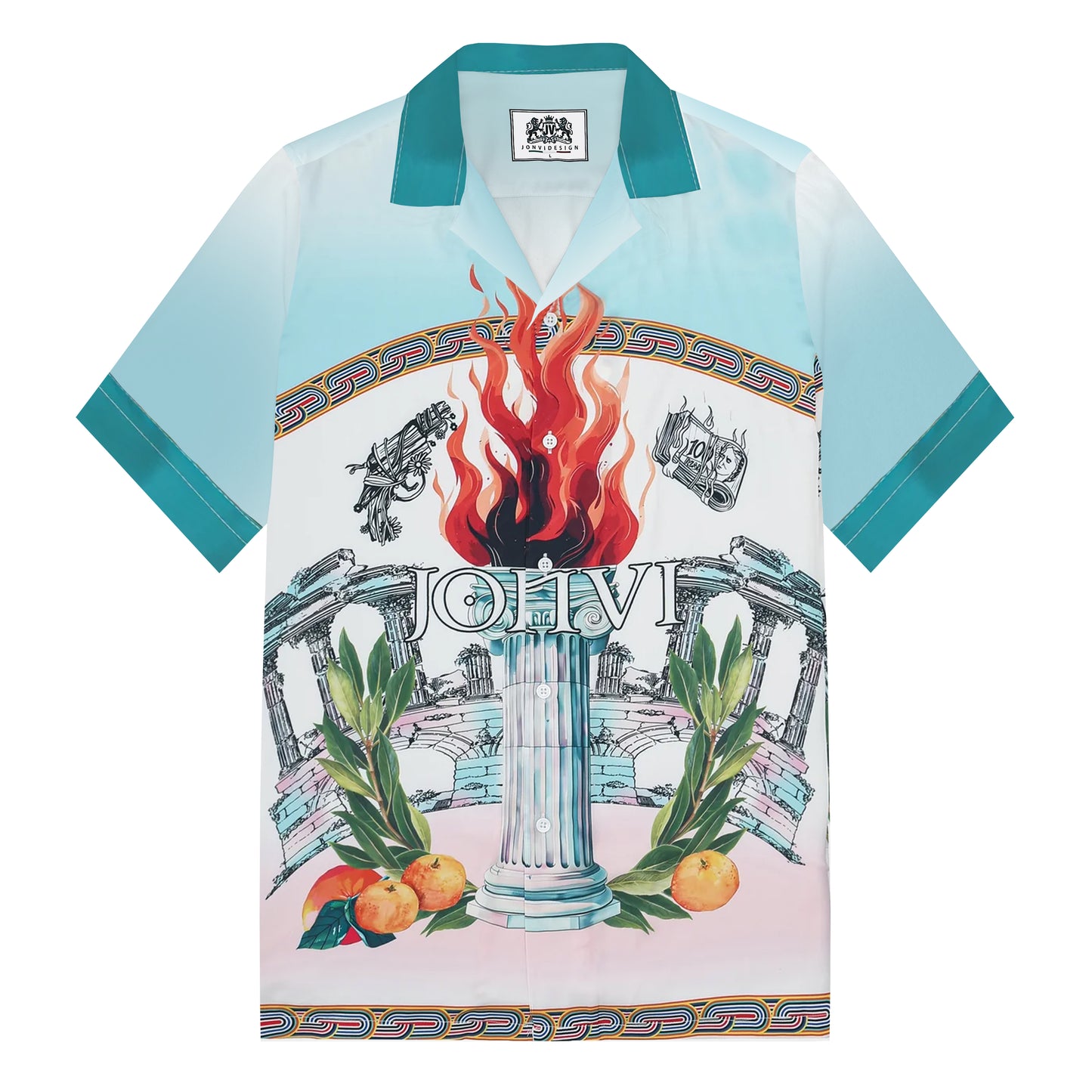 Greek Holy Fire Roman Column Print Camp Collar Short Sleeve Shirt