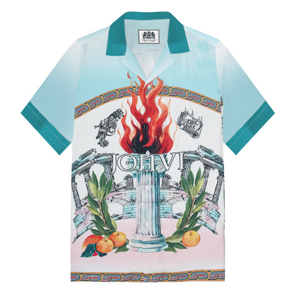 Greek Holy Fire Roman Column Print Camp Collar Short Sleeve Shirt