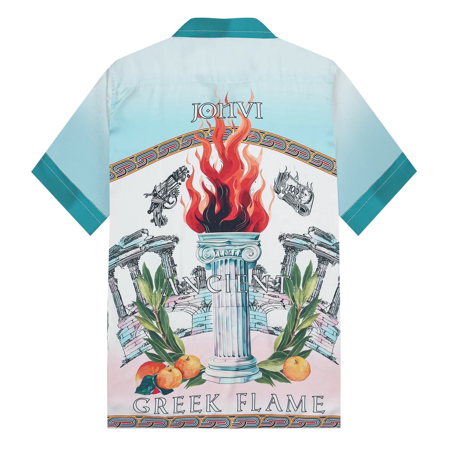 Greek Holy Fire Roman Column Print Camp Collar Short Sleeve Shirt