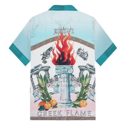 Greek Holy Fire Roman Column Print Camp Collar Short Sleeve Shirt