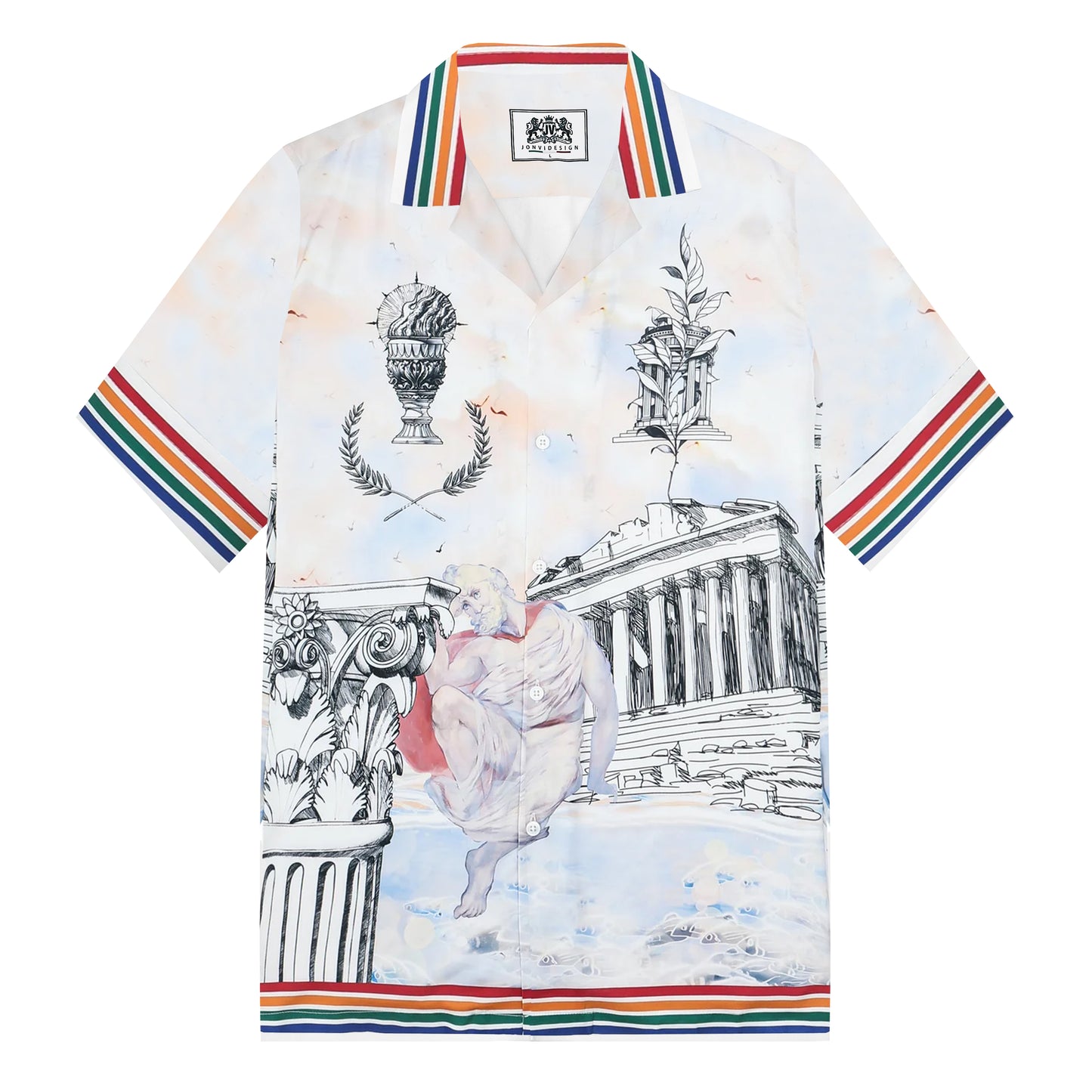 Greek Temple Print Camp Collar Short Sleeve Shirt
