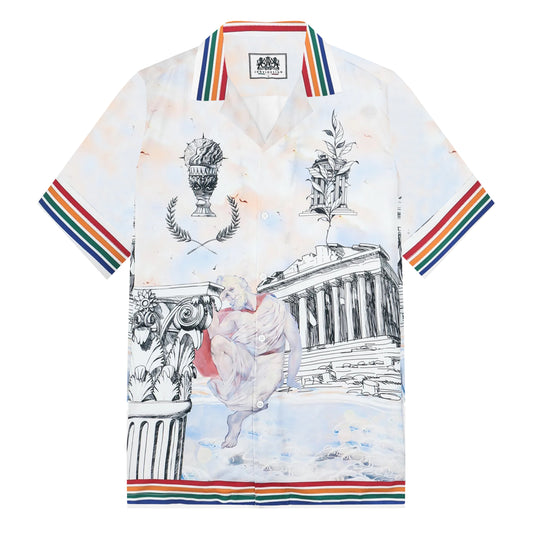 Greek Temple Print Camp Collar Short Sleeve Shirt