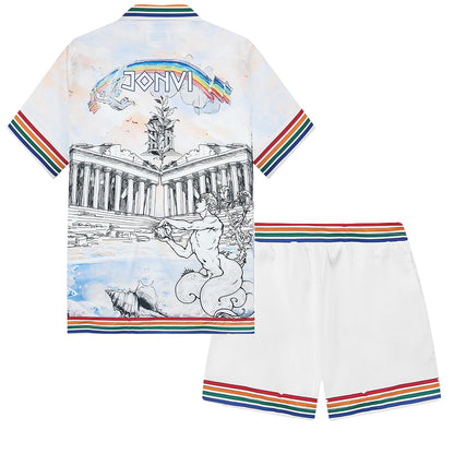 Greek Temple Print Camp Collar Short Sleeve Shirt