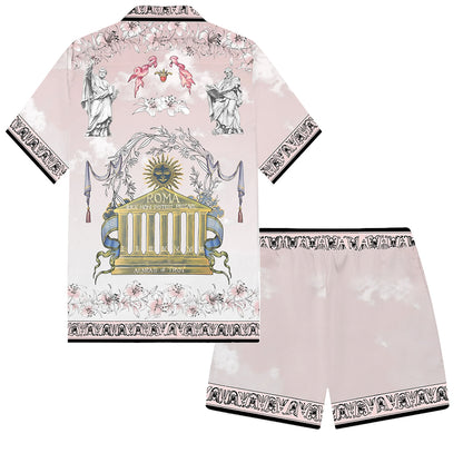 Roman Temple Print Elastic Waistband Summer Casual Shorts
