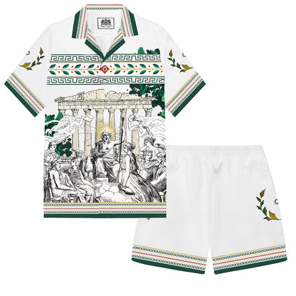Greek Gods Print Camp Collar Short Sleeve Shirt