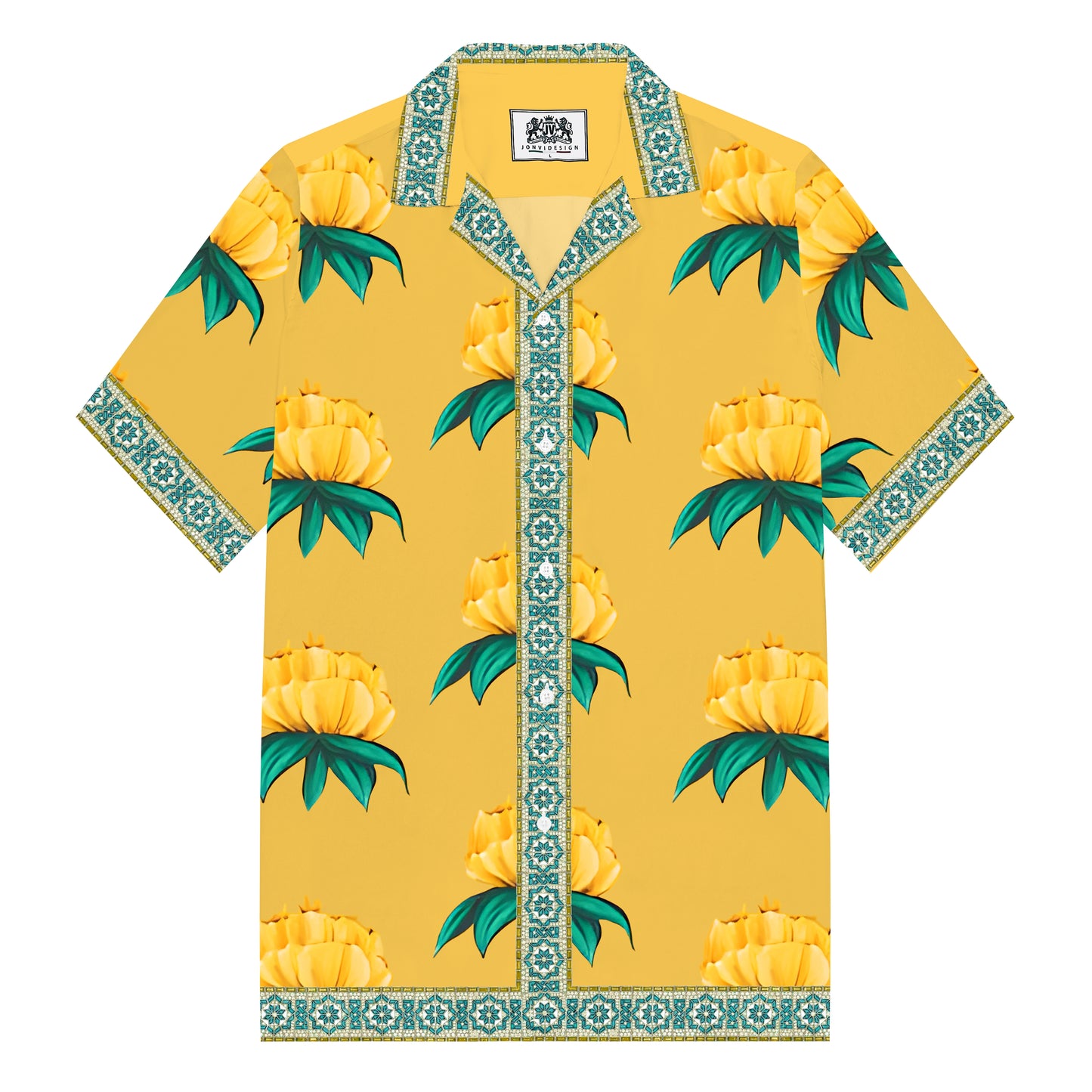 Summer Floral Print Camp Collar Casual Shirt Men's Yellow Short-Sleeved Shirt