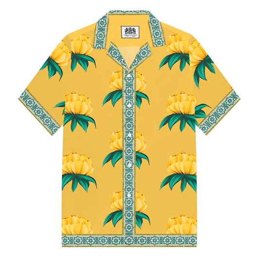 Summer Floral Print Camp Collar Casual Shirt Men's Yellow Short-Sleeved Shirt