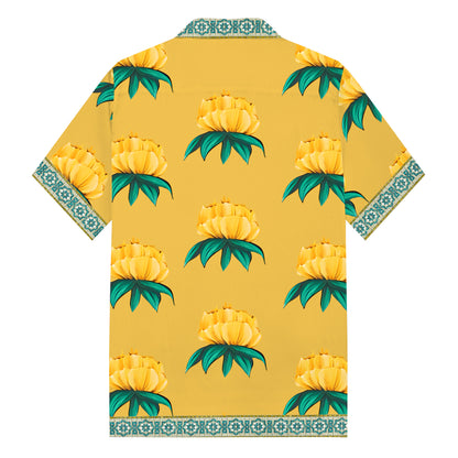 Summer Floral Print Camp Collar Casual Shirt Men's Yellow Short-Sleeved Shirt