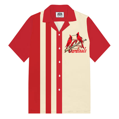 Red Retro Baseball Print Camp Collar Short Sleeve Shirt