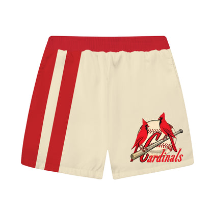 Red Retro Baseball Print Elastic Waistband Summer Casual Shorts