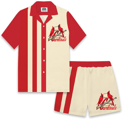 Red Retro Baseball Print Camp Collar Short Sleeve Shirt