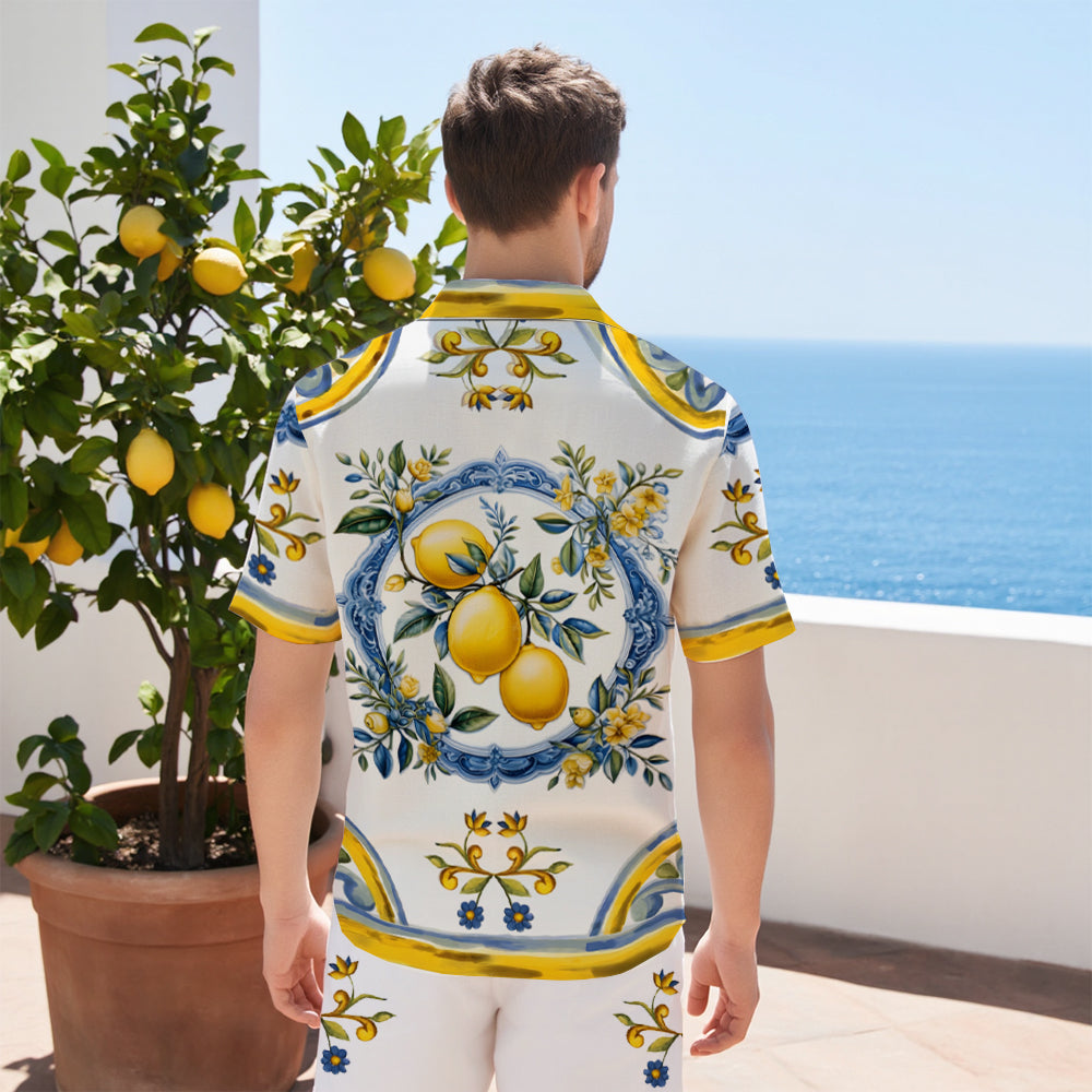 Golden Lemon Pattern Camp Collar Casual Shirt for Men