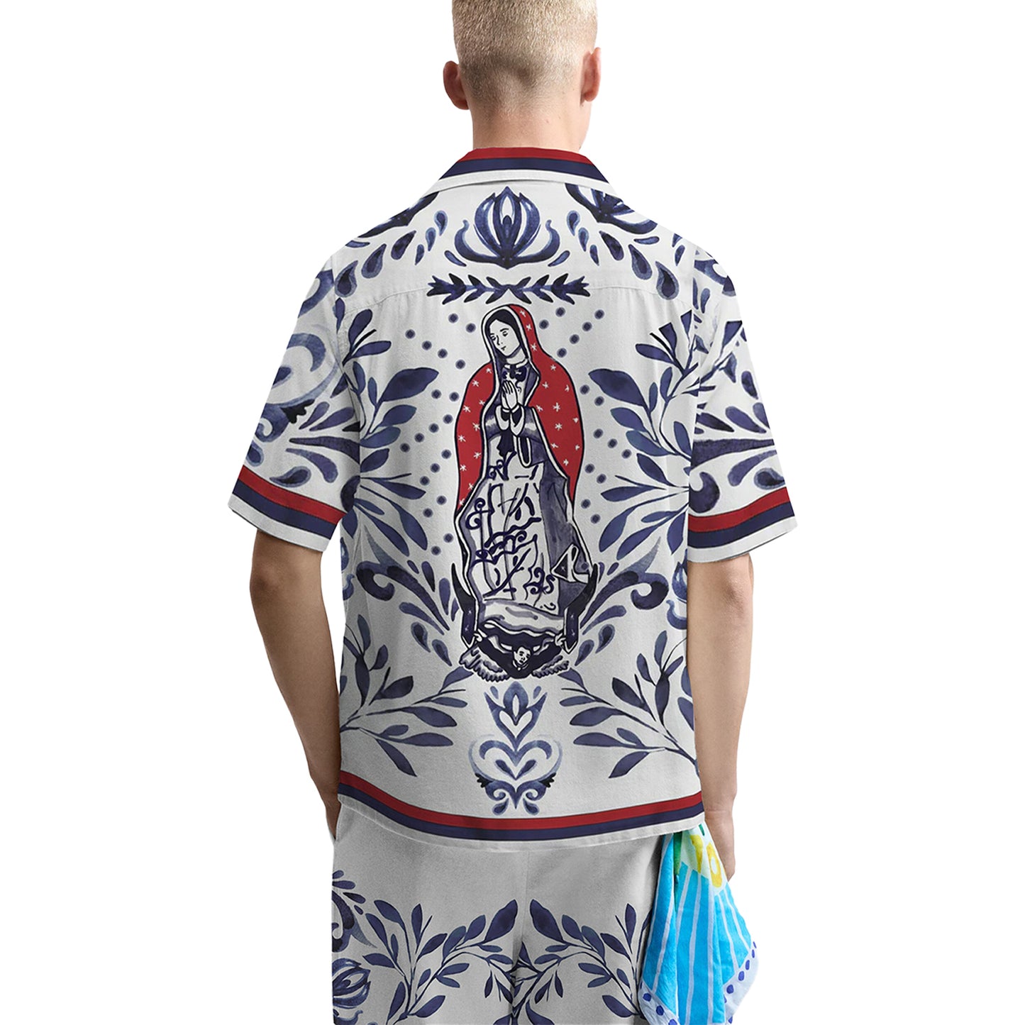 Virgin Mary Print Camp Collar Short Sleeve Shirt