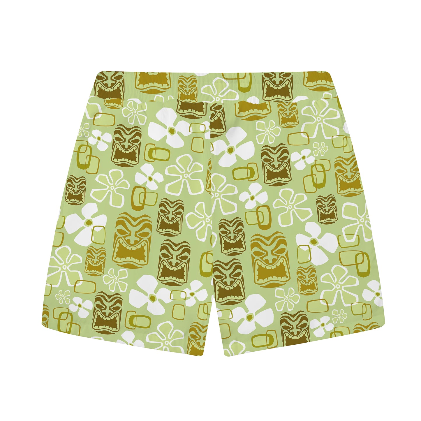 Vintage Holiday Tiki Art Green Men's Hawaiian Elastic Waistband Casual Shorts