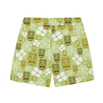 Vintage Holiday Tiki Art Green Men's Hawaiian Elastic Waistband Casual Shorts