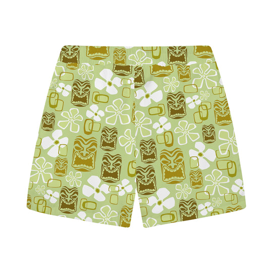 Vintage Holiday Tiki Art Green Men's Hawaiian Elastic Waistband Casual Shorts