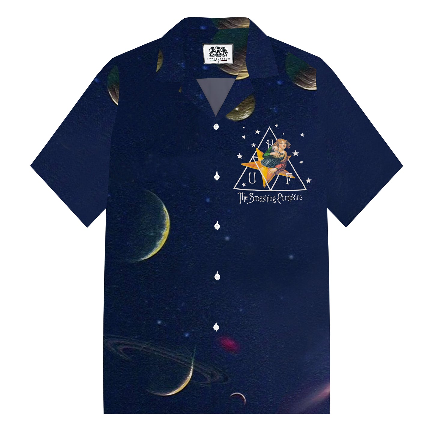 Retro Band Themed Print Camp Collar Short Sleeve Shirt