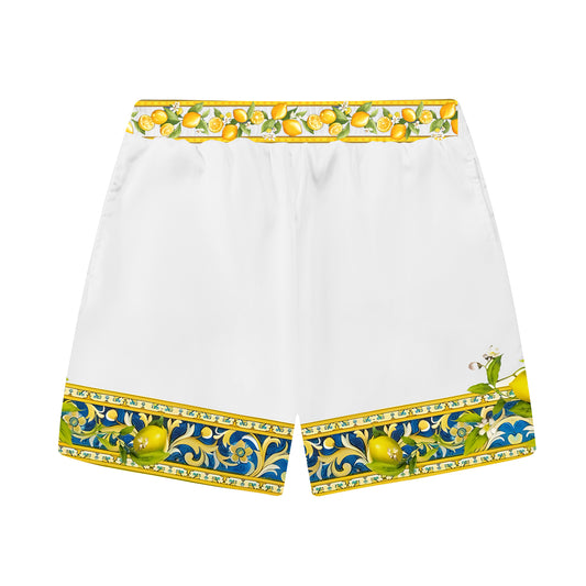 Summer Lemon Potted Pattern Print Elastic Waistband Casual Shorts