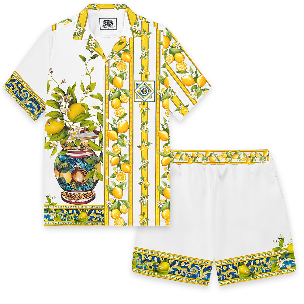 Summer Lemon Potted Pattern Print Camp Collar Casual Shirt for Men