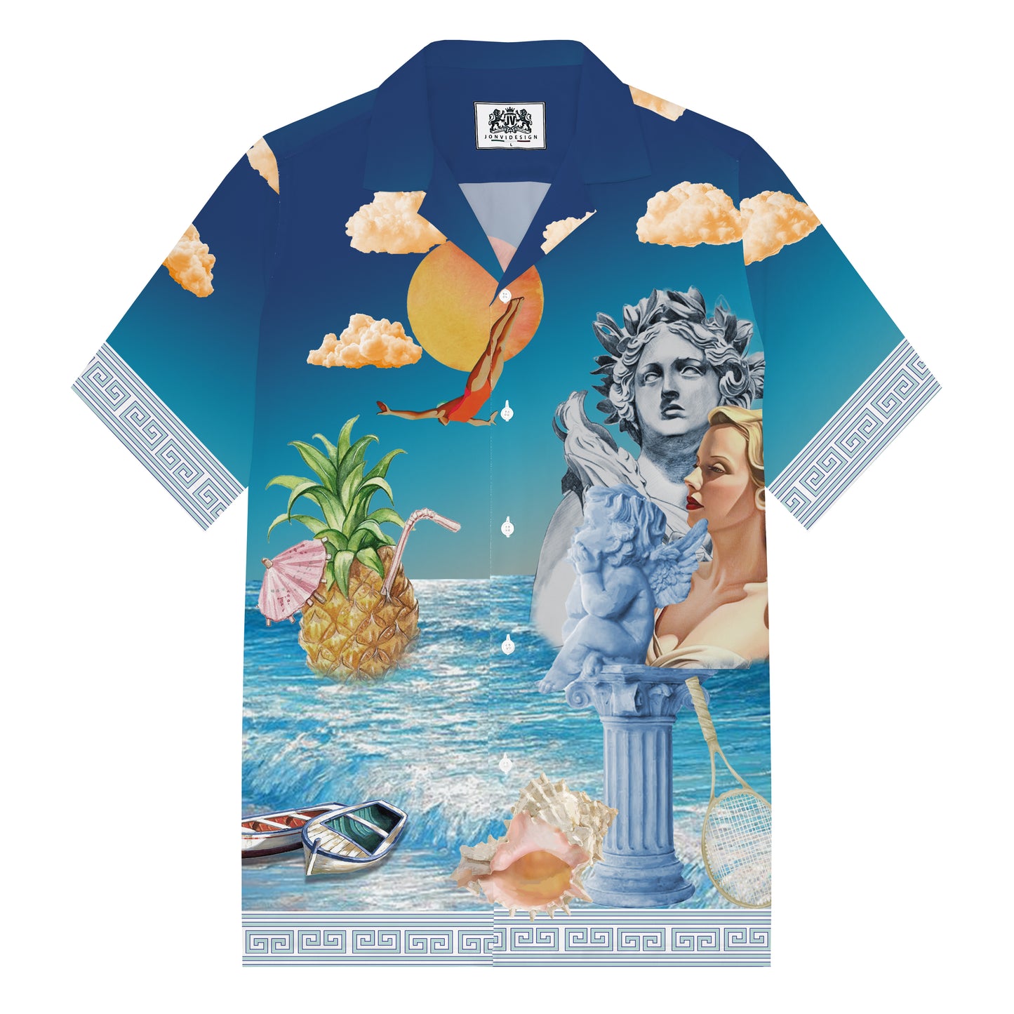 Summer Holiday Style Ancient Greek Statue Print Camp Collar Short Sleeve Shirt
