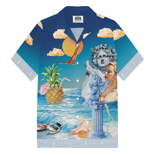 Summer Holiday Style Ancient Greek Statue Print Camp Collar Short Sleeve Shirt