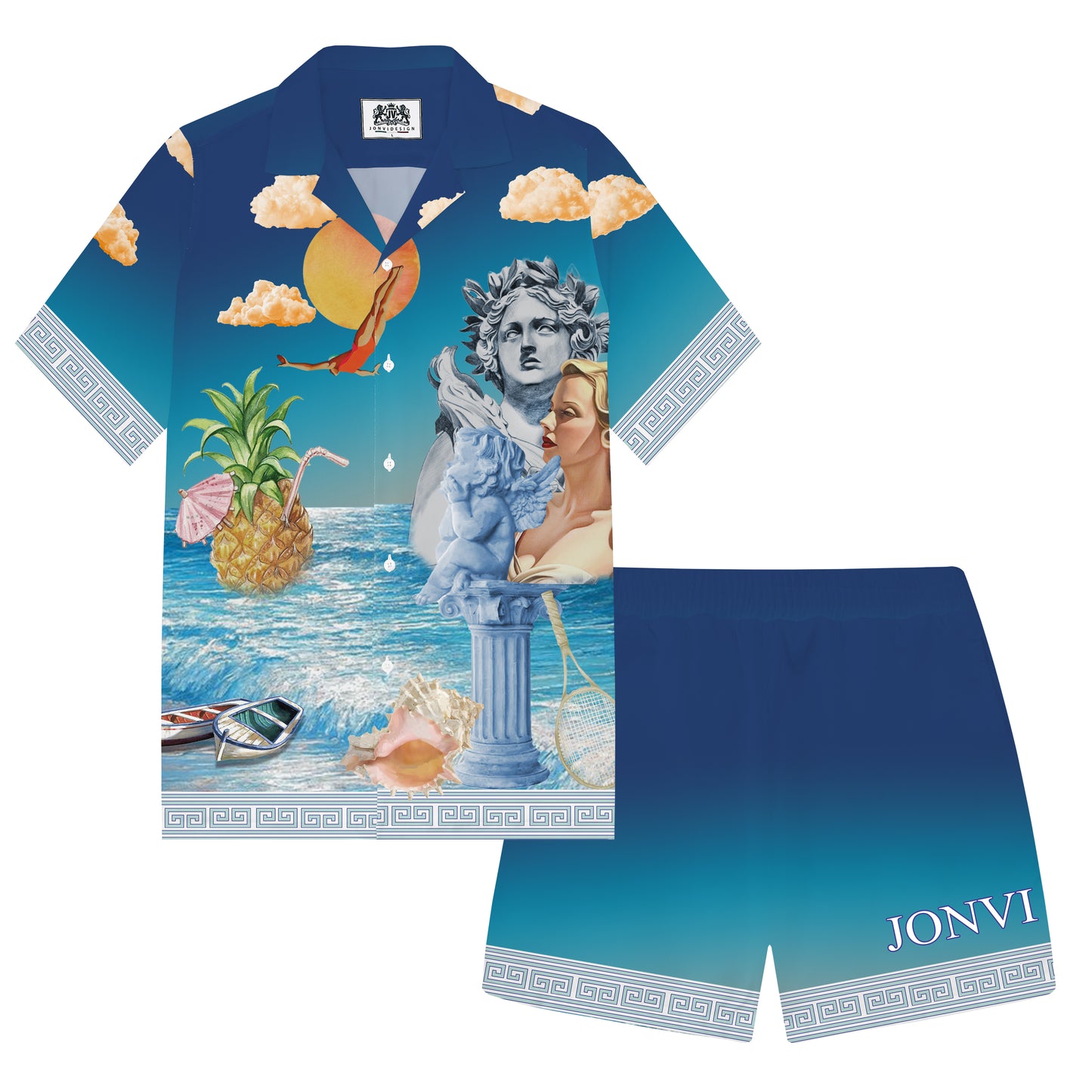 Summer Holiday Style Ancient Greek Statue Print Camp Collar Short Sleeve Shirt