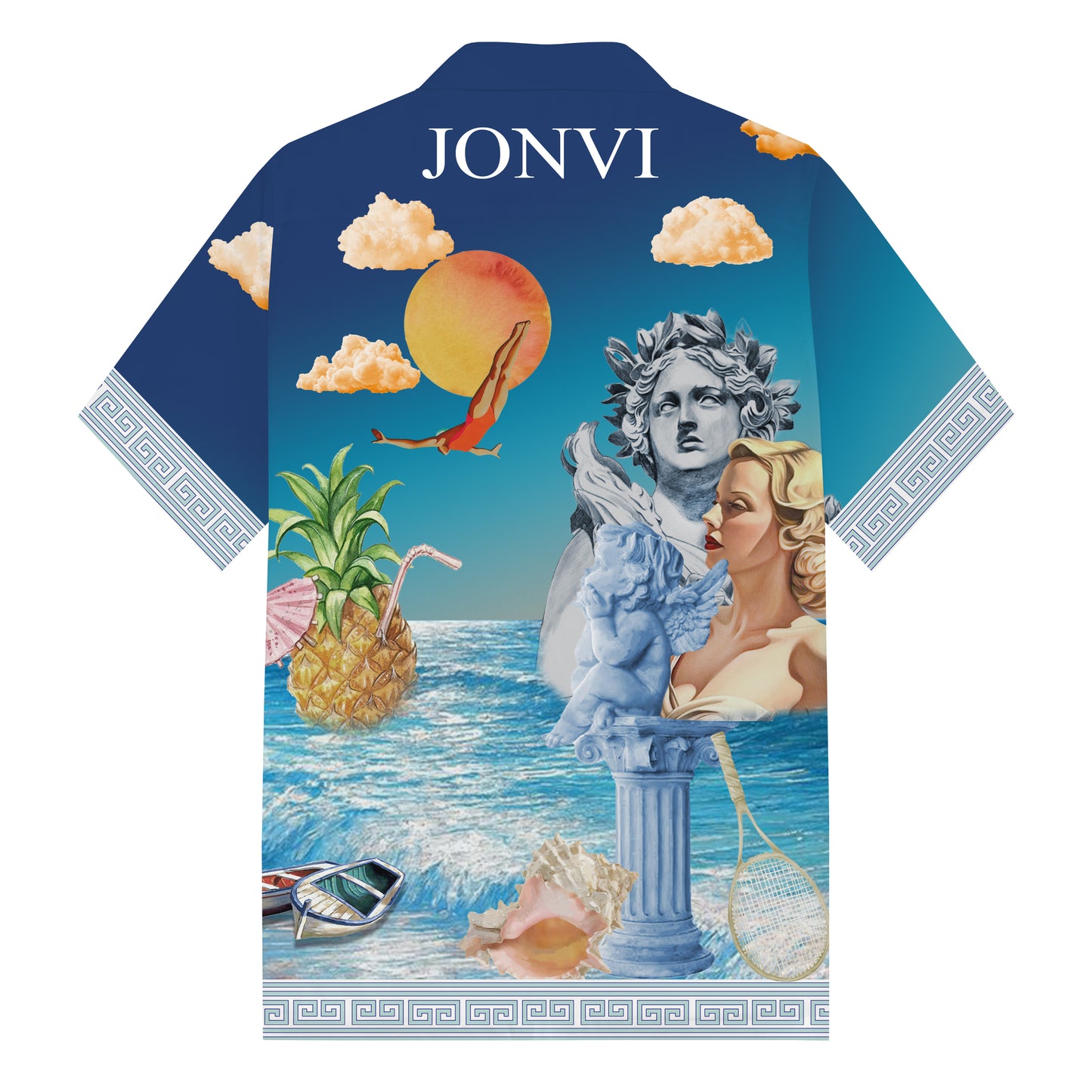 Summer Holiday Style Ancient Greek Statue Print Camp Collar Short Sleeve Shirt