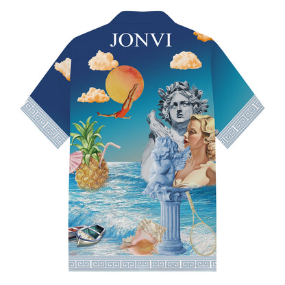 Summer Holiday Style Ancient Greek Statue Print Camp Collar Short Sleeve Shirt