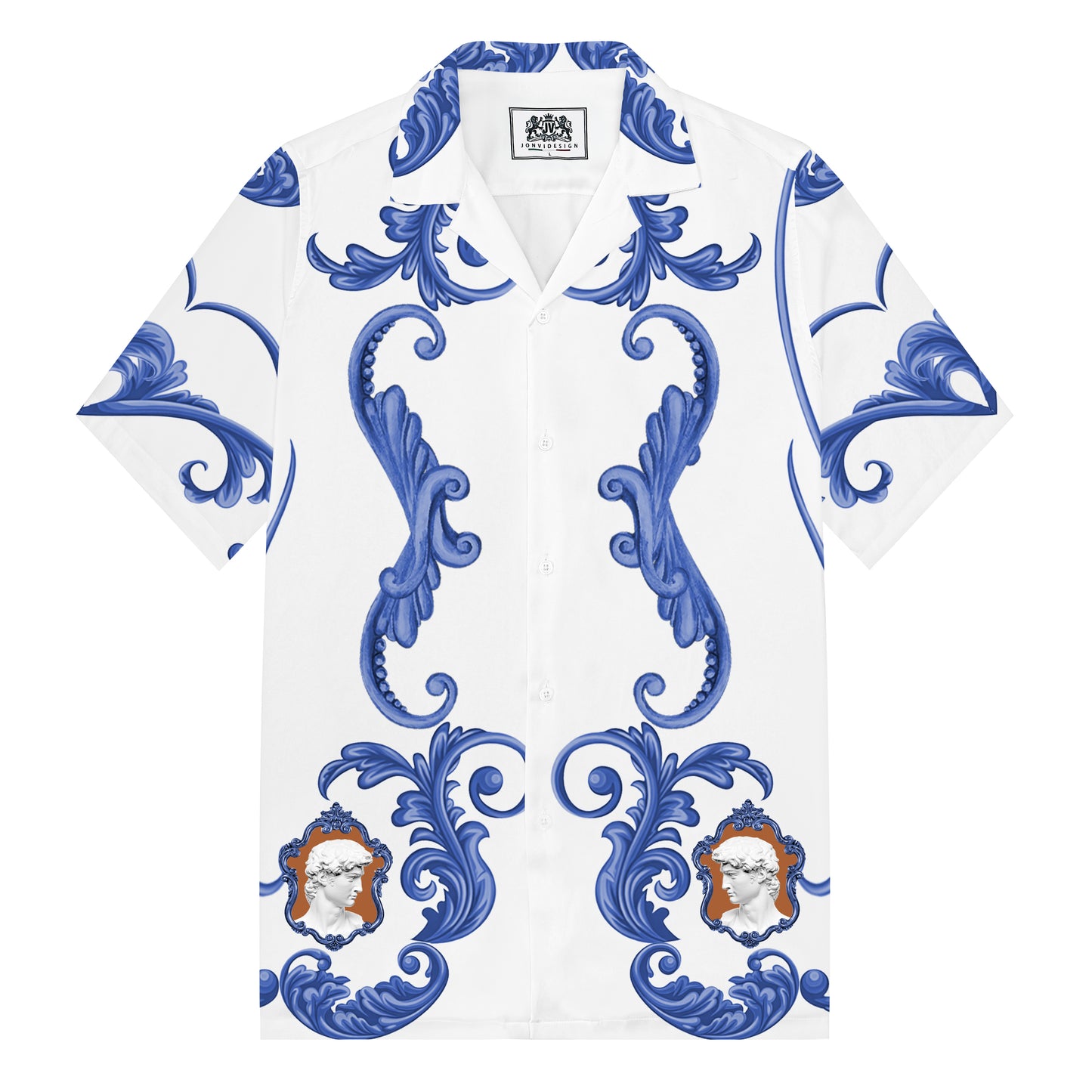 Statue Of David Baroque Floral Pattern Camp Collar Short Sleeve Shirt