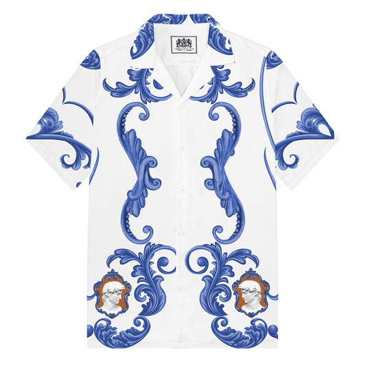Statue Of David Baroque Floral Pattern Camp Collar Short Sleeve Shirt