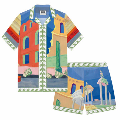 Ancient Greek Architecture, Temple Pattern Camp Collar Short Sleeve Shirt