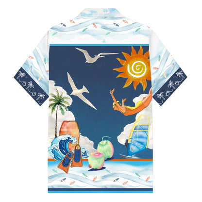 Summer Sunshine Seaside Print Camp Collar Short Sleeve Shirt