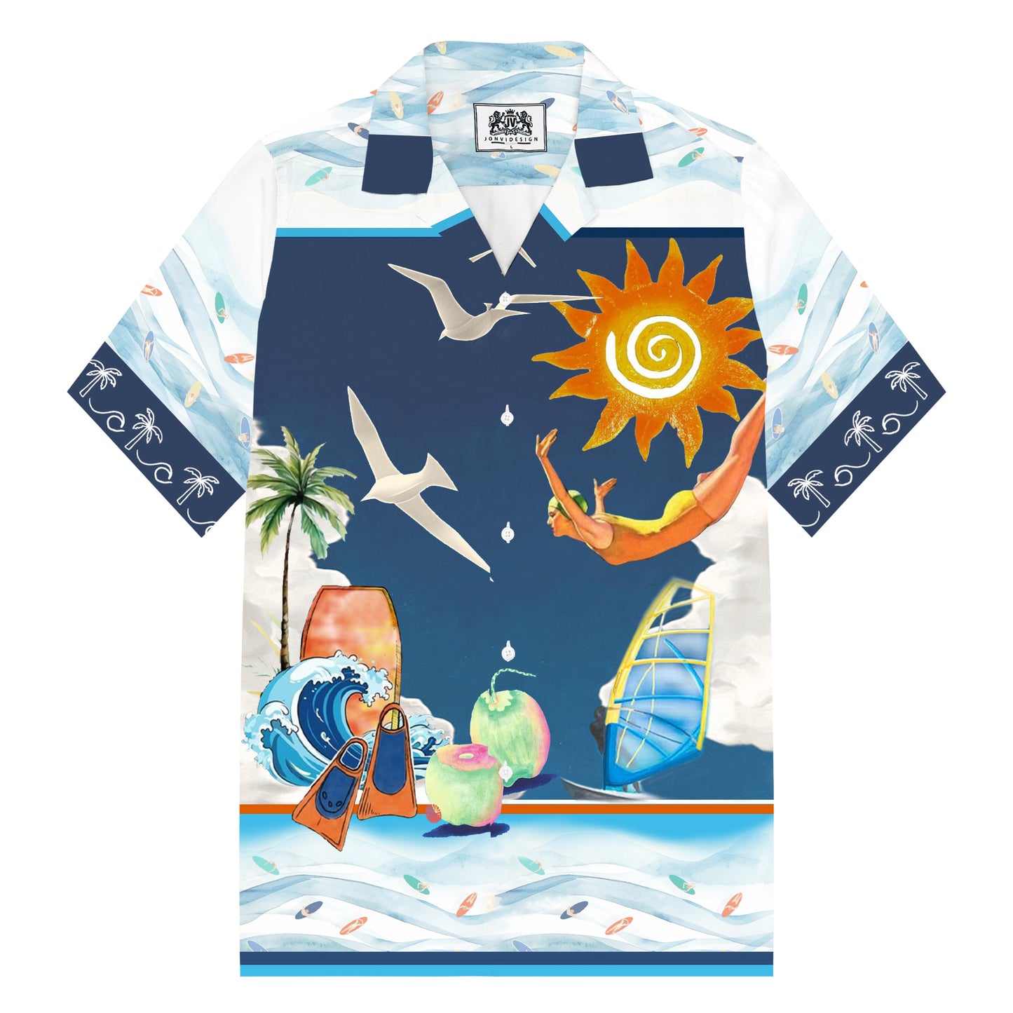 Summer Sunshine Seaside Print Camp Collar Short Sleeve Shirt