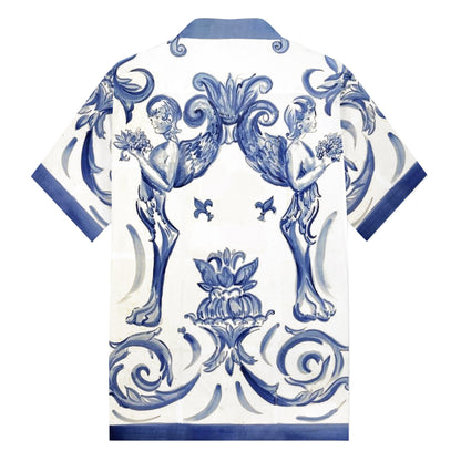 Little Angel Blue and White Porcelain Print Pattern Camp Collar Short Sleeve Shirt