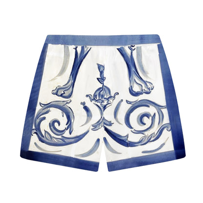 Little Angel Blue and White Porcelain Print Pattern Elastic Waistband Casual Shorts