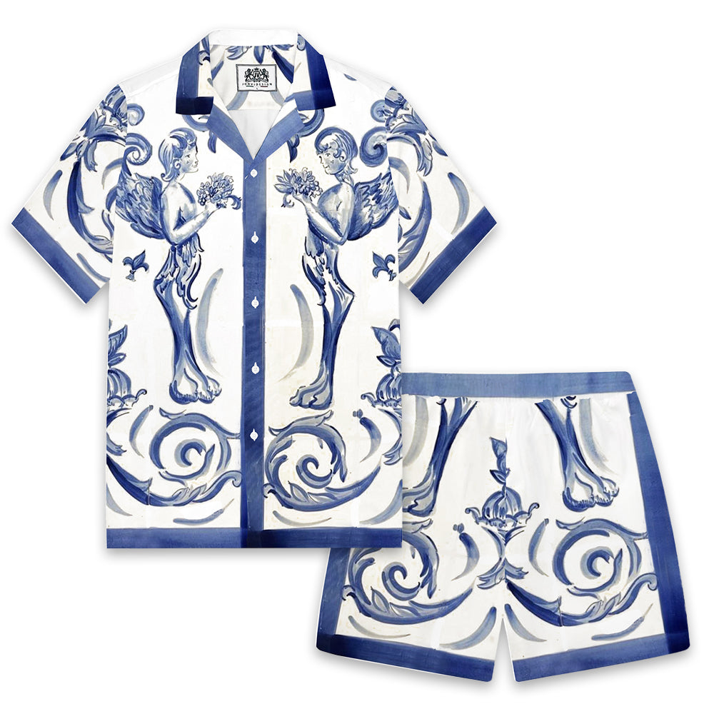 Little Angel Blue and White Porcelain Print Pattern Elastic Waistband Casual Shorts